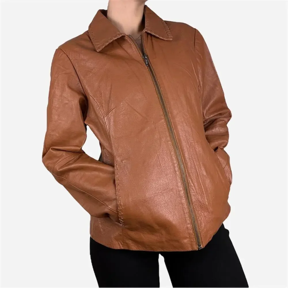 Brown leather jacket collared western detailing European vintage